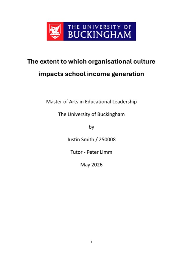 Cover of Justin Smith’s MA dissertation on organisational culture and school income generation